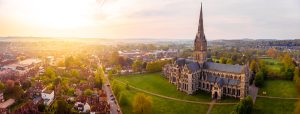 Aerial view of Salisbury and the cathedral in the morning