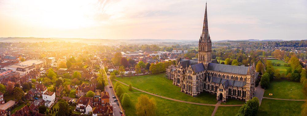 Aerial view of Salisbury and the cathedral in the morning