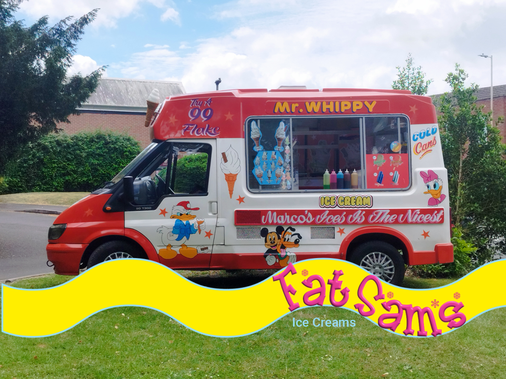 Fat Sam's Ice Creams branded promotional image featuring a red and white Mr. Whippy van with Disney character graphics, with the Fat Sam's logo overlaid on a yellow wave banner.
