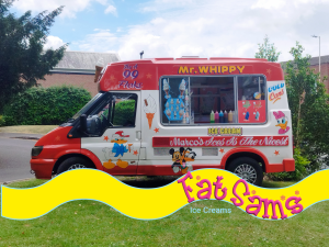 Fat Sam's Ice Creams branded promotional image featuring a red and white Mr. Whippy van with Disney character graphics, with the Fat Sam's logo overlaid on a yellow wave banner.
