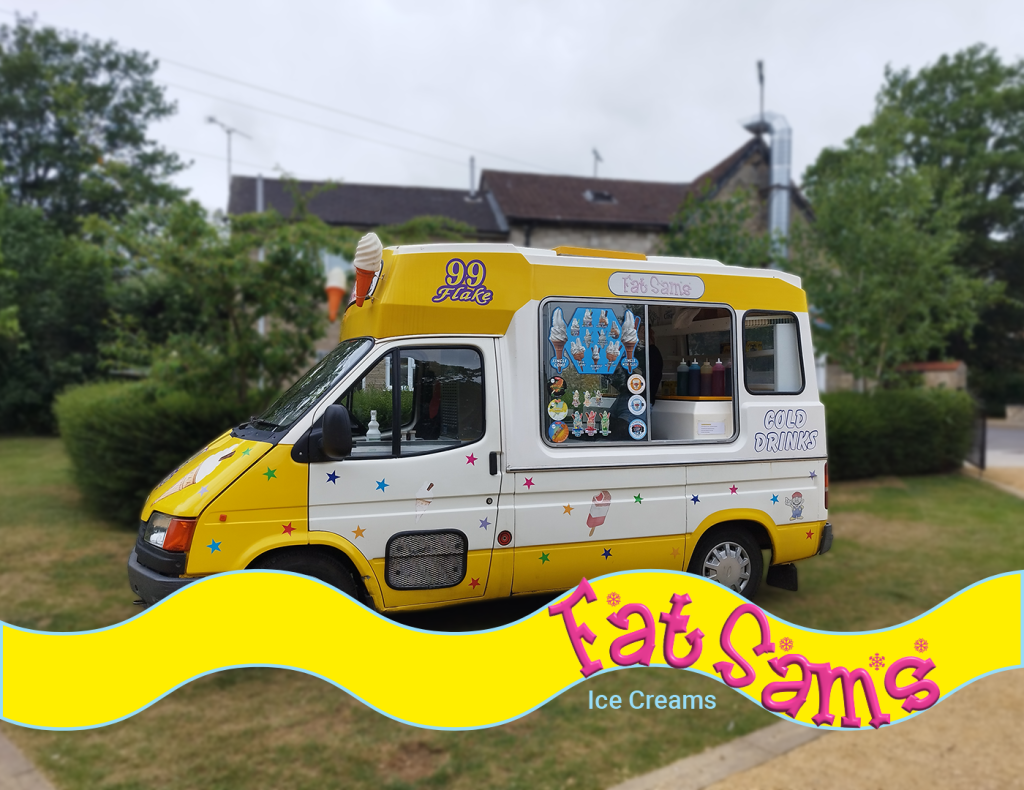 A yellow Fat Sam's Ice Cream van parked up outside a building. The image includes the Fat Sam's Ice Cream Logo